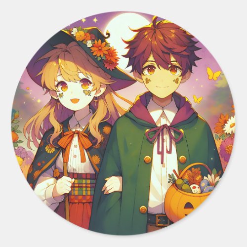 Anime Kids in Halloween Costumes Classic Round Sticker