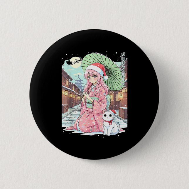 Anime Kimono Girl Christmas Japan Cat Xmas Japan A Button (Front)