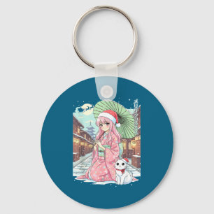Anime Kimono Girl Christmas Japan Cat Xmas Japan A Keychain