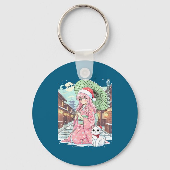 Anime Kimono Girl Christmas Japan Cat Xmas Japan A Keychain (Front)