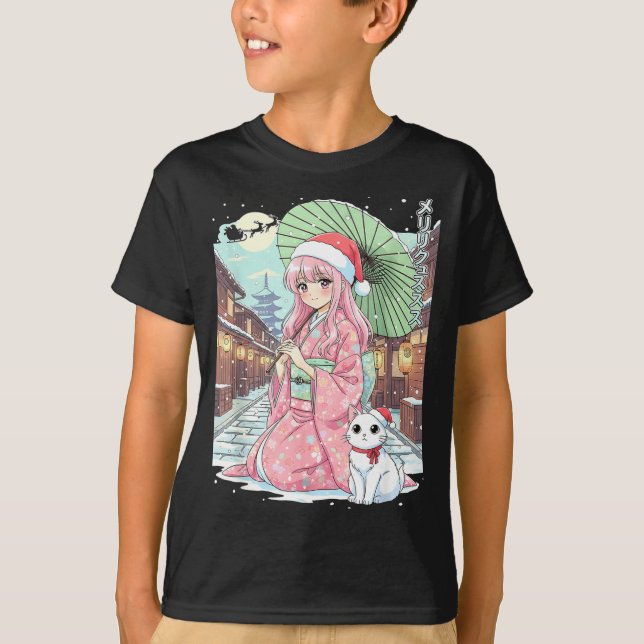 Anime Kimono Girl Christmas Japan Cat Xmas Japan A T-Shirt (Front)