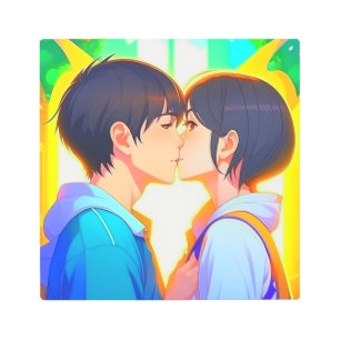 Anime Kiss Boy and Girl in Love Metal Print