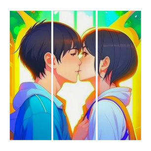 Anime Kiss Boy and Girl in Love Triptych