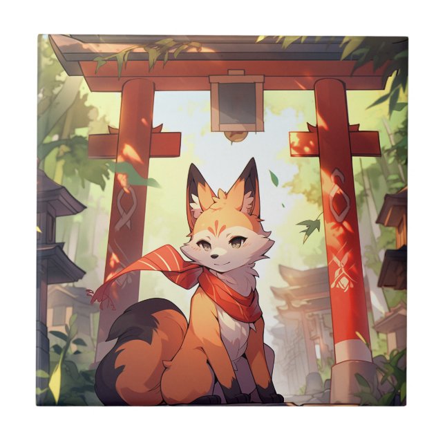 Anime Kitsune Cute Fox Fantasy Art Ceramic Tile (Front)