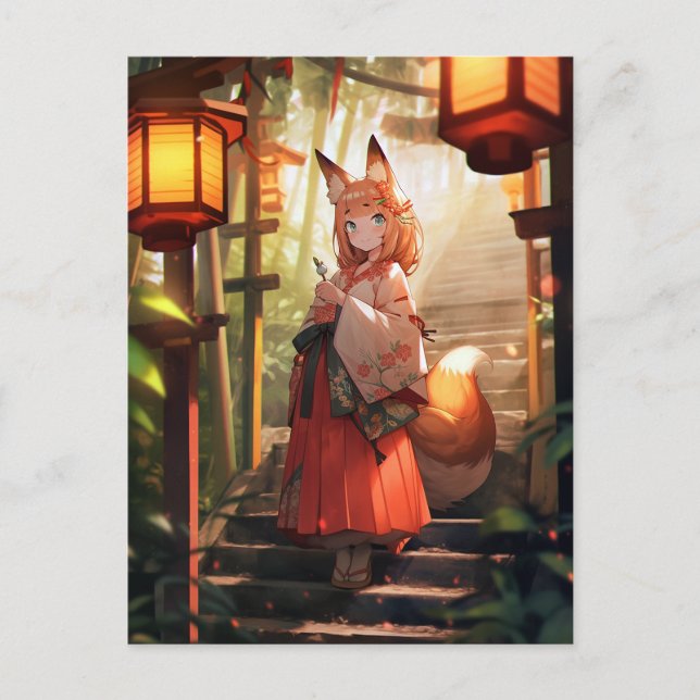 Anime Kitsune Girl Cute Fox Fantasy Art Postcard (Front)