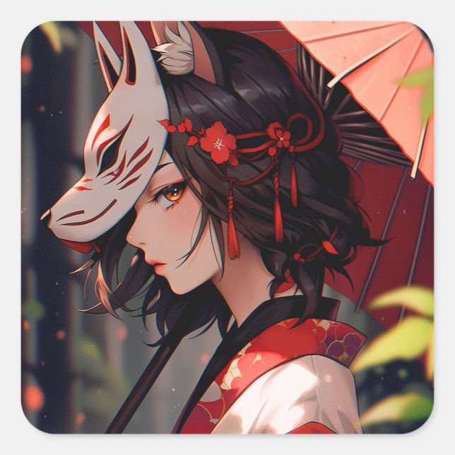 Anime Kitsune Girl Cute Fox Fantasy Art Square Sticker (Front)