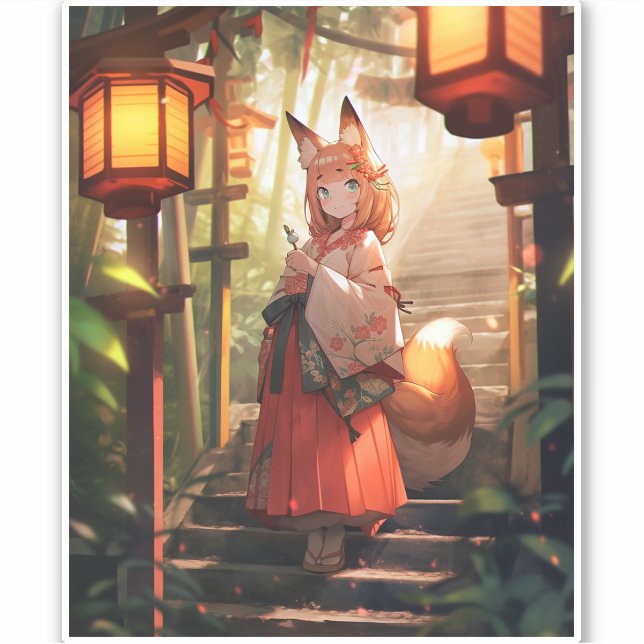 Anime Kitsune Girl Cute Fox Fantasy Art Sticker (Front)