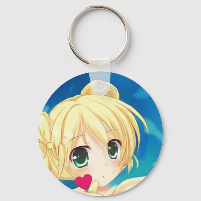 Anime manga blond green-eyed girl heart  keychain (Front)