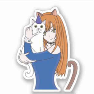 Anime Manga Girl and Cat Sticker