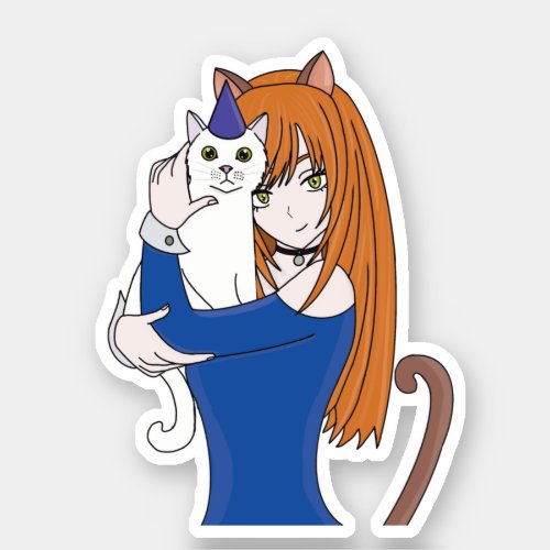 Anime Manga Girl and Cat Sticker