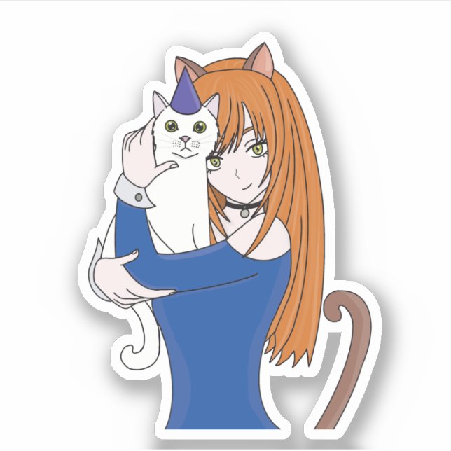 Anime Manga Girl and Cat Sticker (Front)