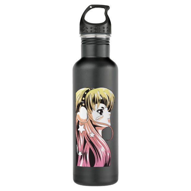 Anime Manga Girl Gradient Hair Yellow Pink Stainless Steel Water Bottle (Front)