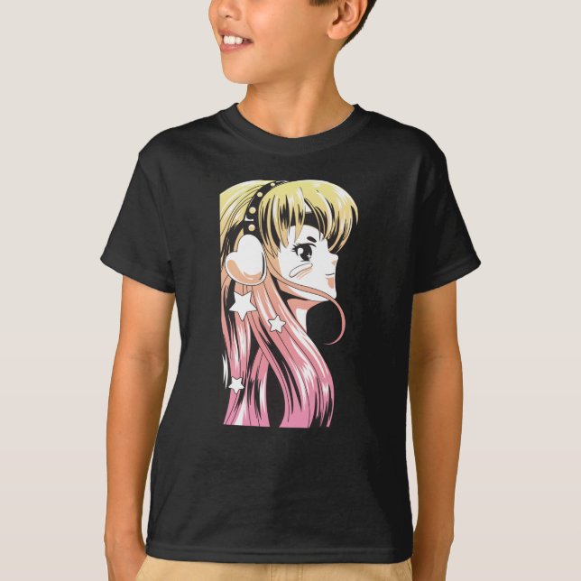 Anime Manga Girl Gradient Hair Yellow Pink T-Shirt (Front)