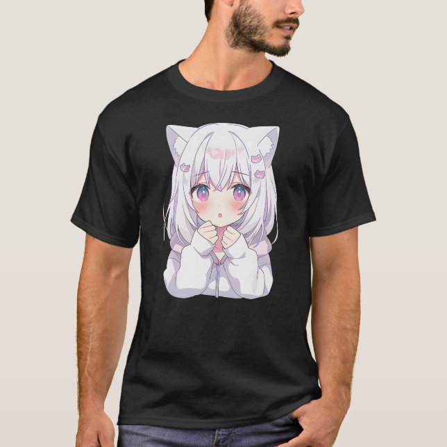 Anime Manga Graphic Tee Kawaii Cute Shy Cat Girl (Front)