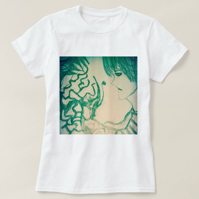 anime manga green monster with sad guy T-Shirt (Design Front)