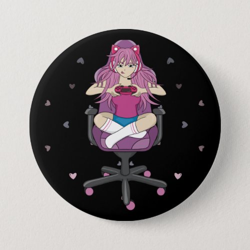Anime Manga Pink Purple Gamer Girl Button