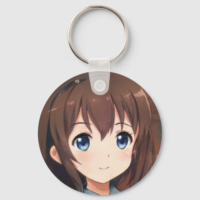 Anime manga smiling girl brown hair blue eyes keychain (Front)