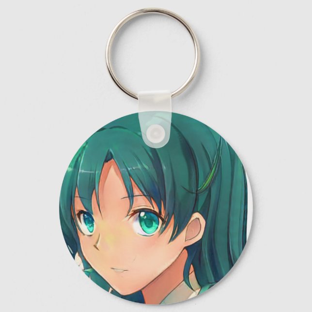 Anime manga smiling girl emerald green eyes hair keychain (Front)