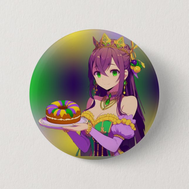 Anime Mardi Gras King cake Button (Front)