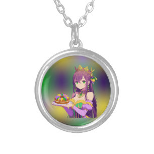 Anime Mardi Gras King cake Silver Plated Necklace