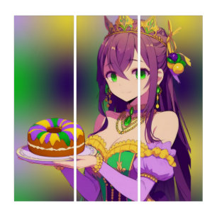 Anime Mardi Gras King cake Triptych