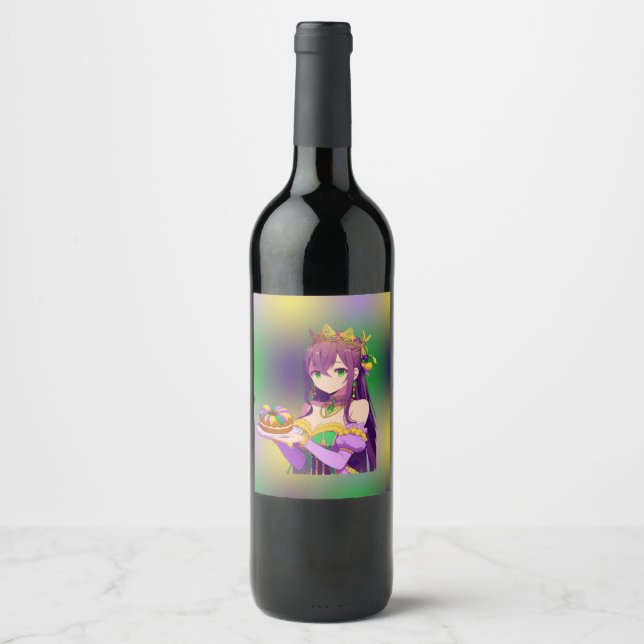 Anime Mardi Gras King cake Wine Label (Front)