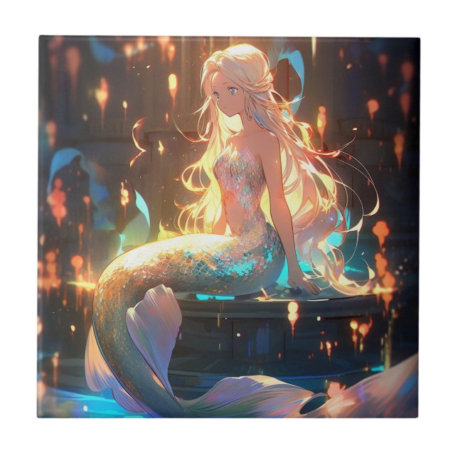 Anime Mermaid Girl Fantasy Art Ceramic Tile (Front)