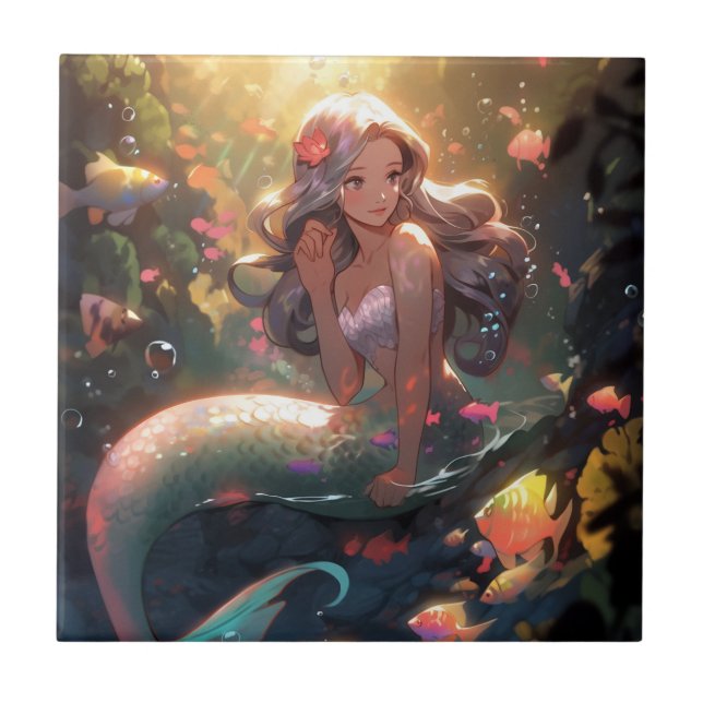 Anime Mermaid Girl Fantasy Art Ceramic Tile (Front)