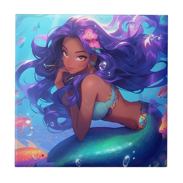 Anime Mermaid Girl Fantasy Art Ceramic Tile (Front)