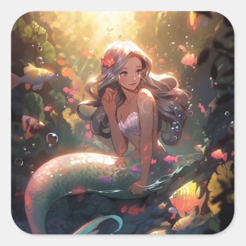 Anime Mermaid Girl Fantasy Art Square Sticker