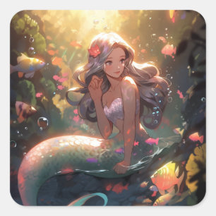 Anime Mermaid Girl Fantasy Art Square Sticker