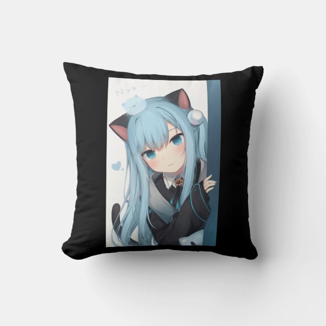 Anime Neko Cat Girl Pastel Kawaii Japanese Waifu O Throw Pillow (Front)