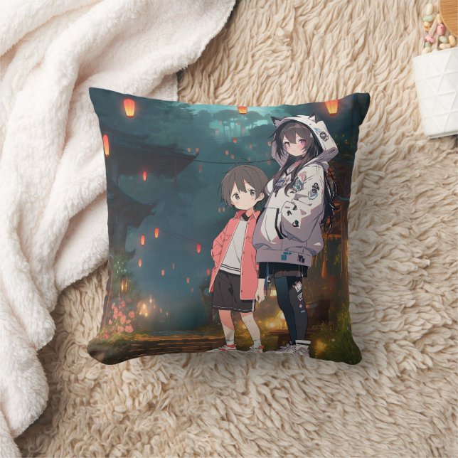 Anime Neko Kawaii Siblings Throw Pillow (Blanket)