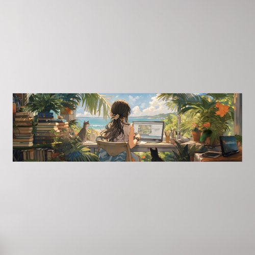 Anime office by the sea _ Ultra wide Poster