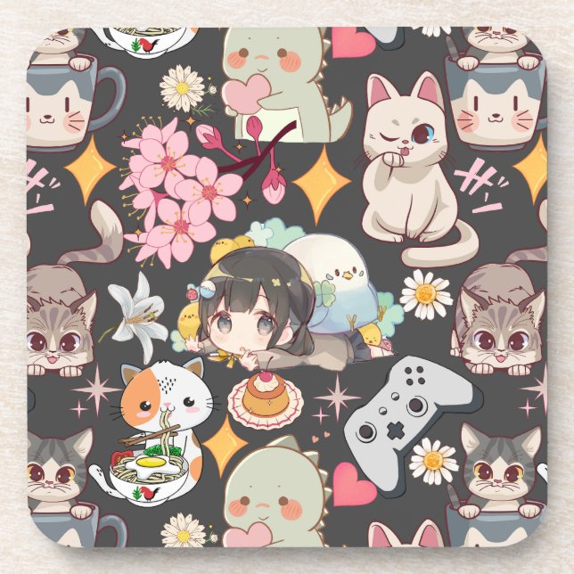 Anime Overload Cute Pattern D Grey BG Beverage Coaster (Front)
