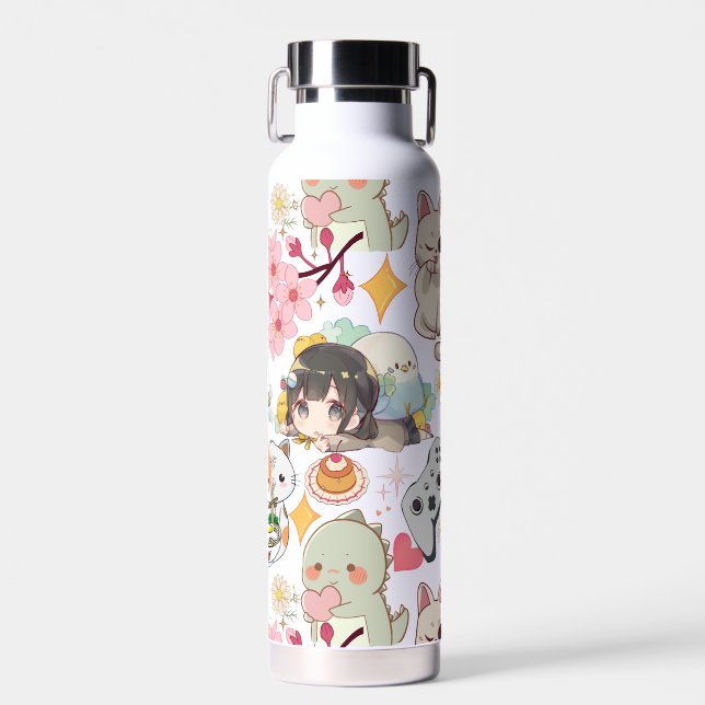 Anime Overload Cute Pattern D Grey BG Water Bottle (Front)