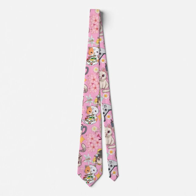 Anime Overload Cute Pattern L Pink BG Neck Tie (Front)