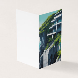 Anime painting, grey concrete structure on a cliff business card