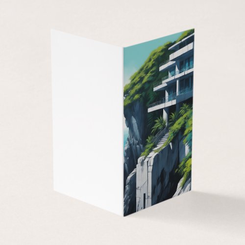 Anime painting grey concrete structure on a cliff business card