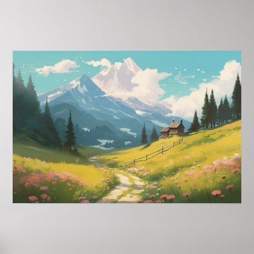 Anime painting winding path farm meadow mountains poster