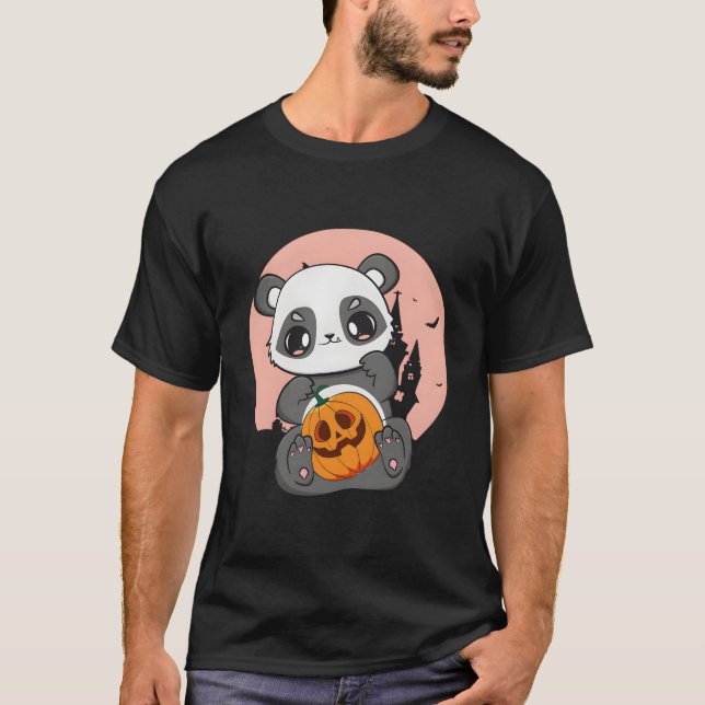 Anime Panda With Pumpkin For Kawaii Horror Hallowe T-Shirt (Front)