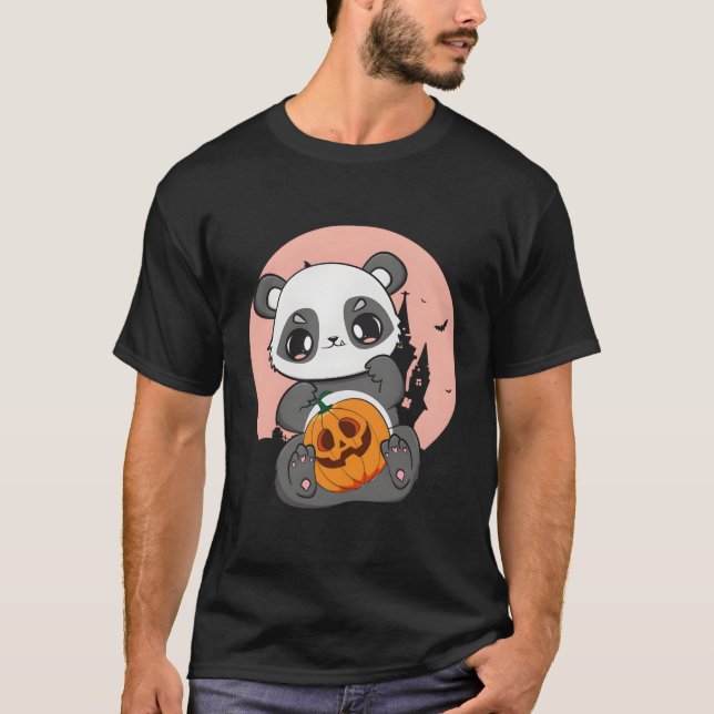 Anime Panda With Pumpkin For Kawaii Horror Hallowe T-Shirt (Front)
