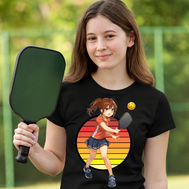 Anime Pickleball Girl On Retro Sunset Template T-Shirt (Creator Uploaded)