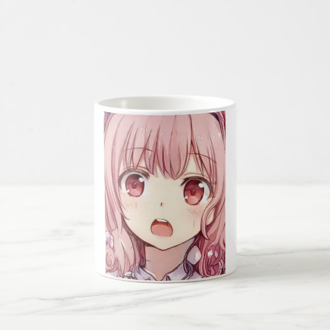 Anime pink-haired girl plum eyes scared Coffee Mug (Center)