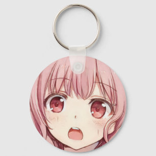 Anime pink-haired girl plum eyes scared keychain