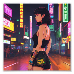 Anime Punk Girl Cruising City Neon Lights Photo Print