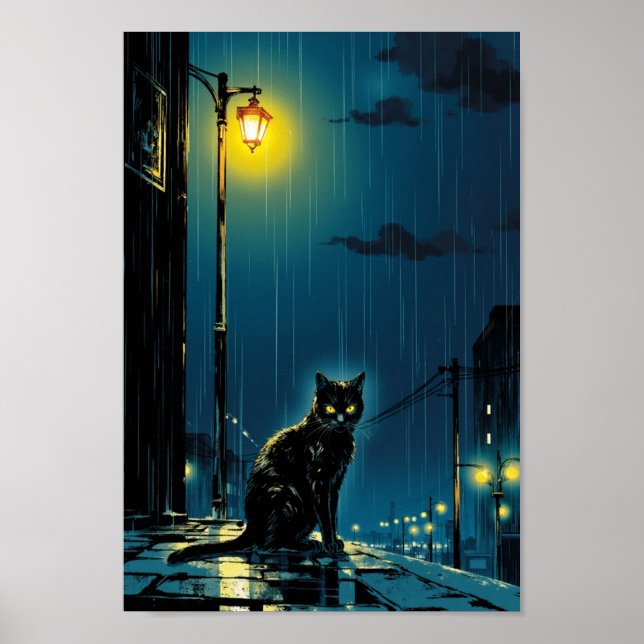 Anime Rainy Night Cat Wall Art (Front)