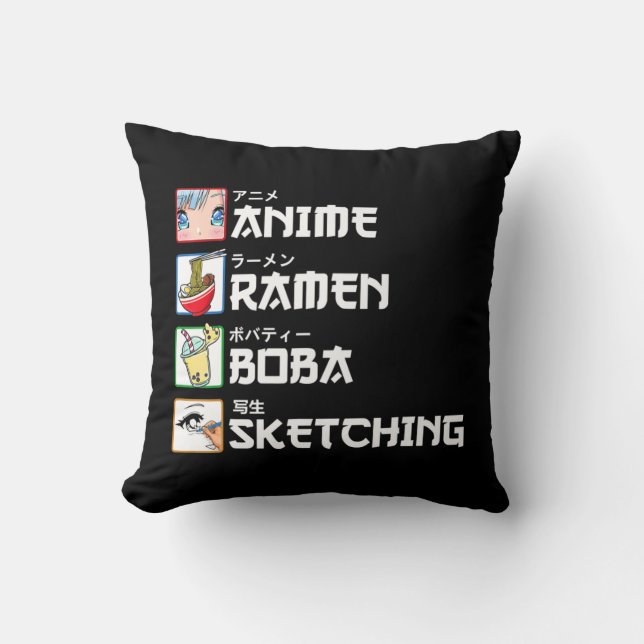 Anime Ramen Boba Sketching Japanese Manga Milk Tea Throw Pillow (Front)