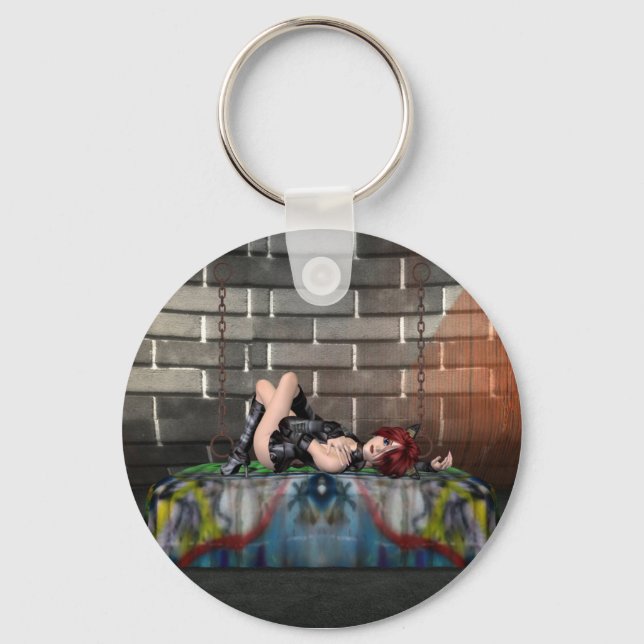 Anime Redhead Resting at Goth City Keychain (Front)