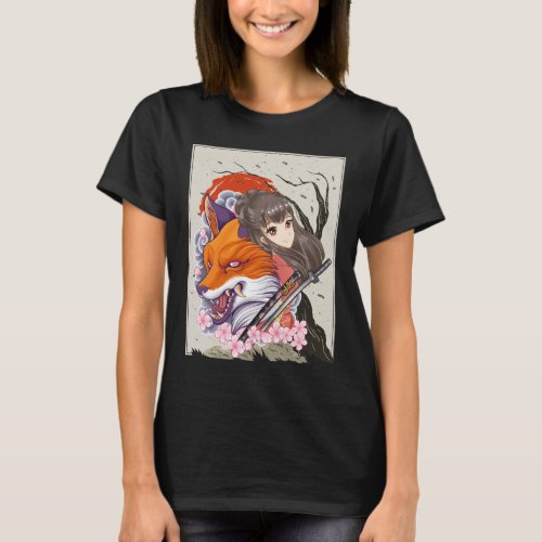 Anime Samurai Fox Otaku Japanese Girl T_Shirt